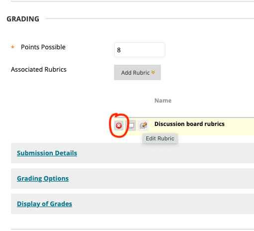 Edit Assignment screen with rubrics and detach button