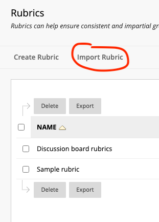 Import rubric button