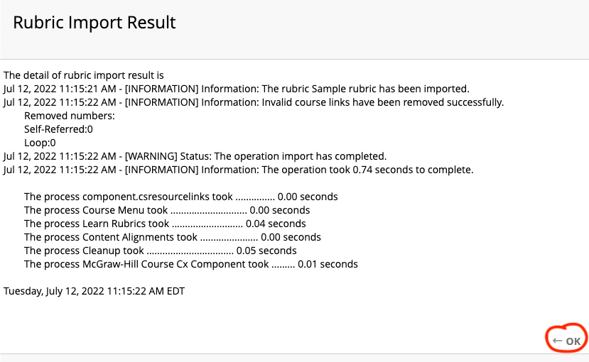 Rubric import results screen