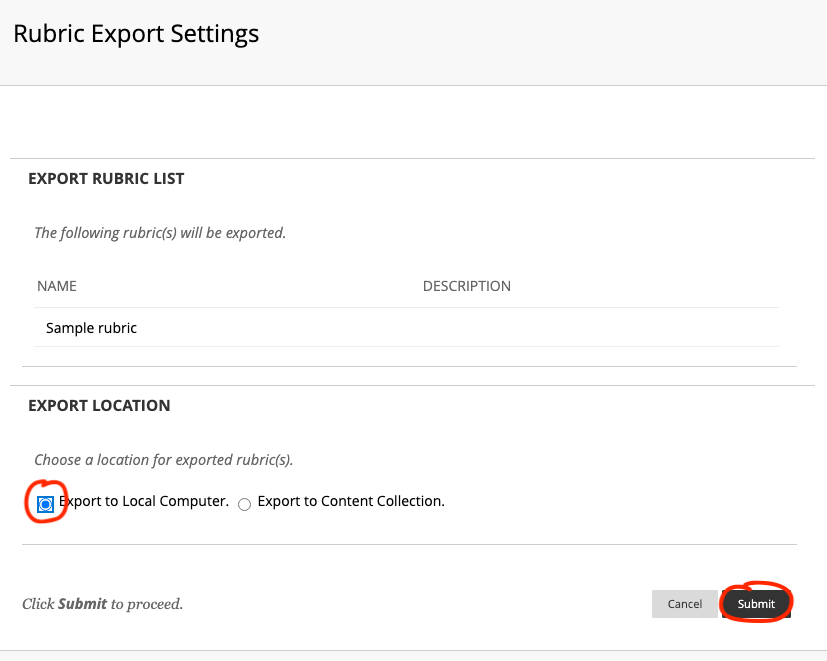 Export rubric window with location choices