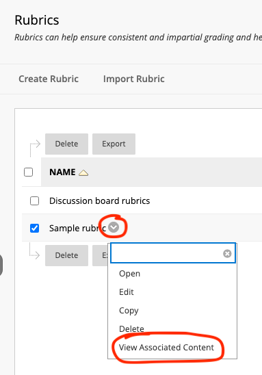 Main rubrics window with drop down menu exposed