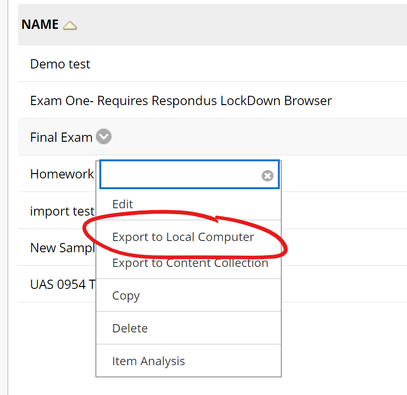 question set options menu with 'export to local computer' highlighted