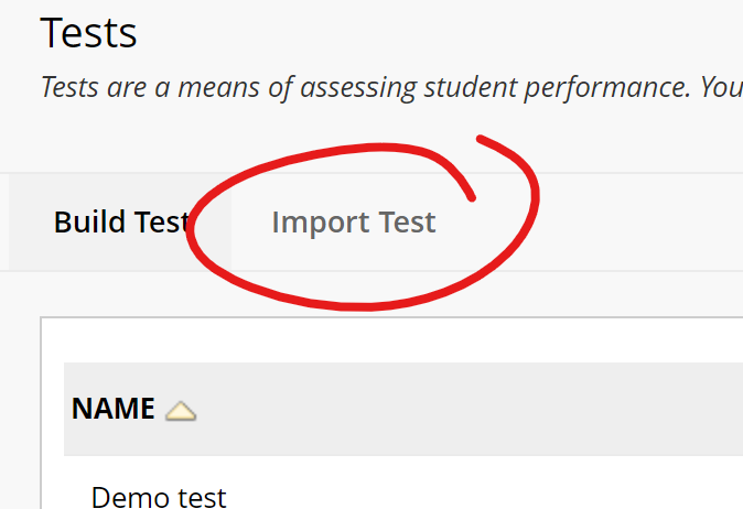 top of tests page, import tests button highlighted