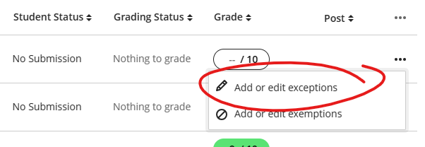 Add or edit exceptions menu item highlighted