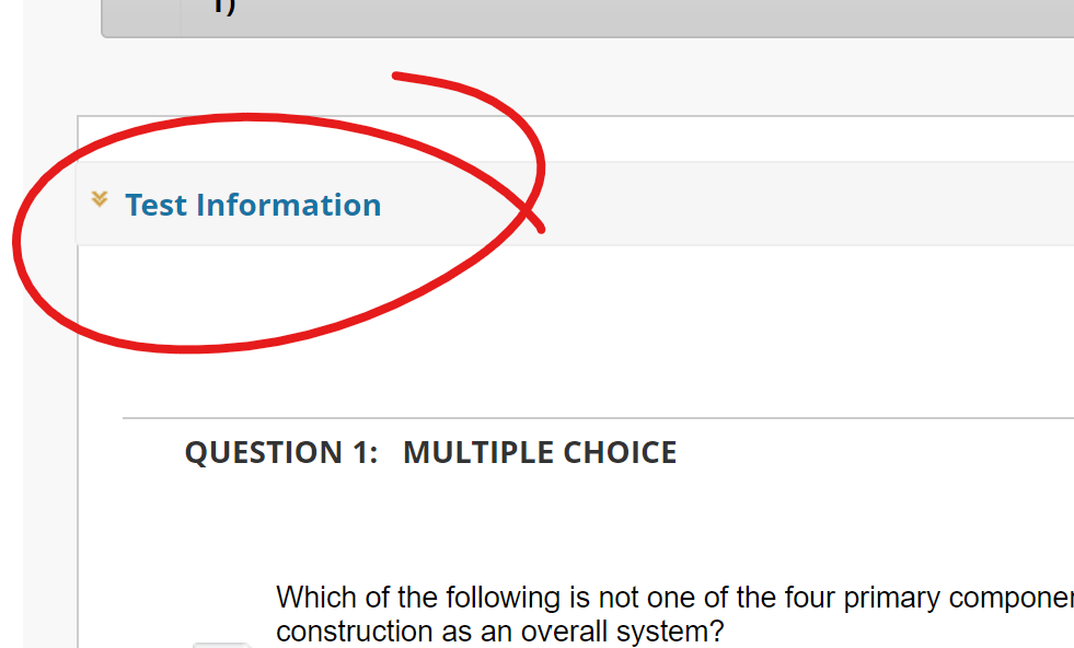 Top of test attempt page with TEST INFORMATION text circled