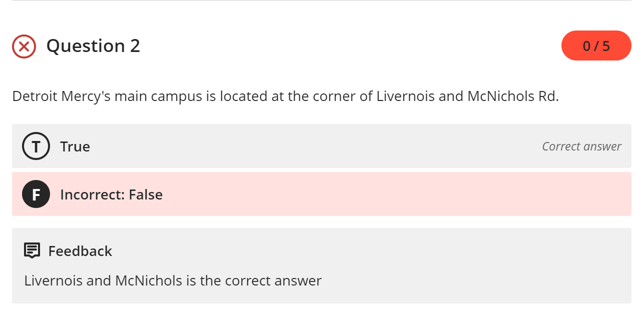 incorrectly answered question with full feedback displayed