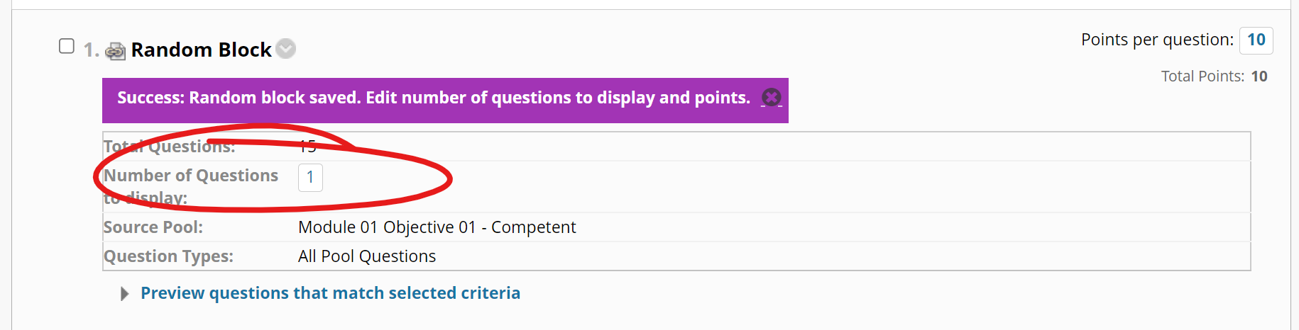 Question block item with number of questions highlighted