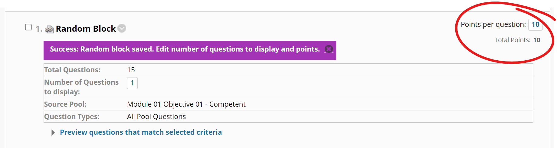 Random block info, points per question highlighted