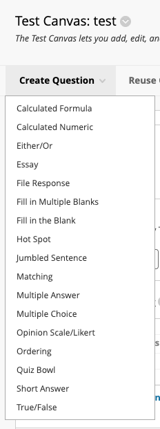 Image of question types available in blackboard