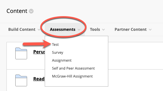 assessments drop down menu highlighted