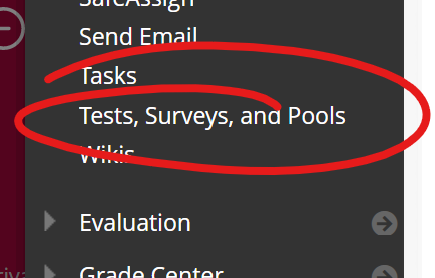 Tests, Surveys, and Pools tool at bottom of list