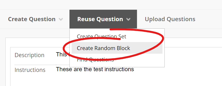 Reuse question menu opened, Create Random Block highlighted