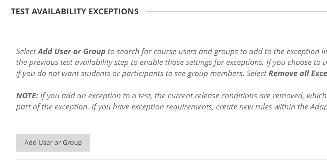 test availability exceptions section with add user or group button