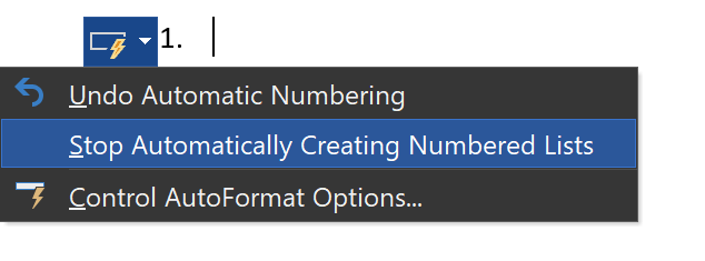 numbered list menu with Stop Automatically Creating Numbered Lists highlighted