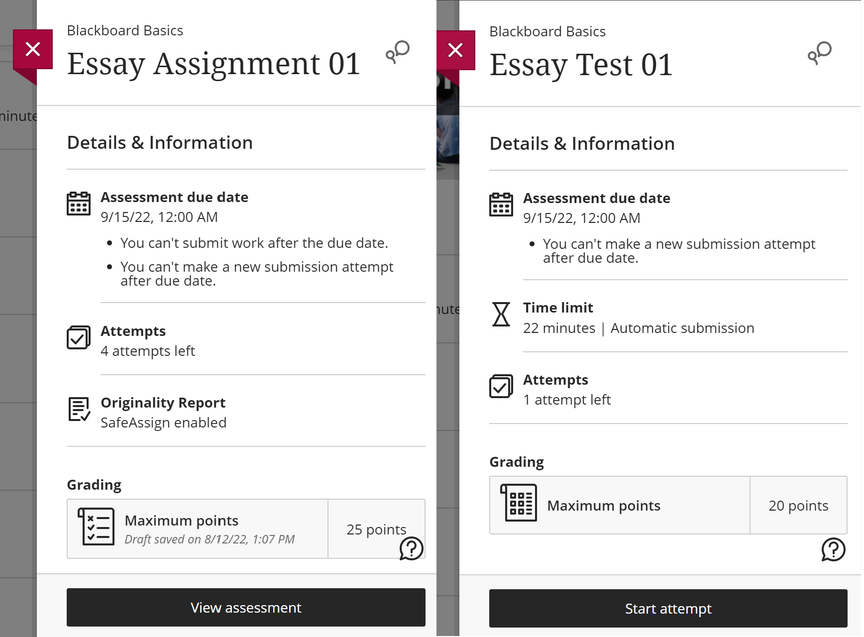 Assignment and Test assessment Details and Info panels, side by side