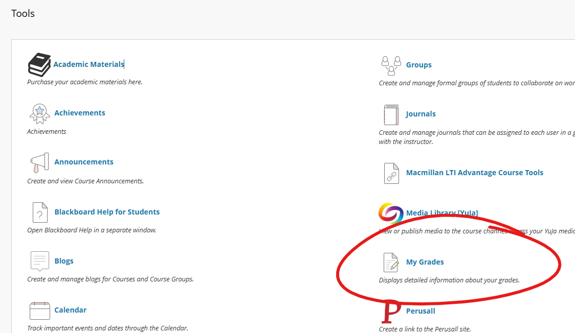 Tools section of a course site, My Grades circled