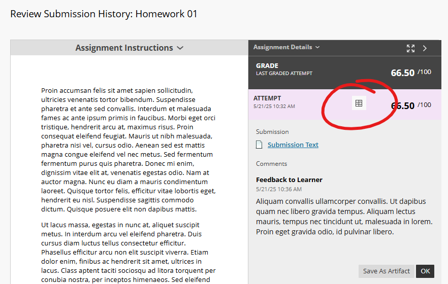 Assessment page, rubric button circled