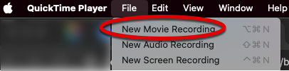 Screenshot showing the File menu and New Movie Recording option.