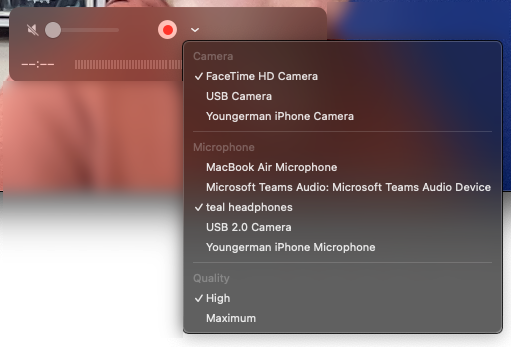 Screenshot showing the camera and mic drop down menu in Quicktime.