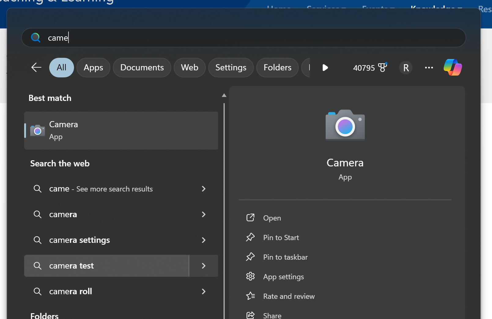 camera app in WINDOWS search results