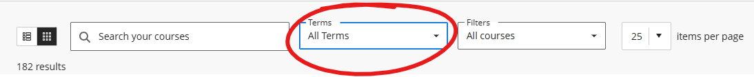 search and filter bar at top of courses page, TERMS pulldown list circled.