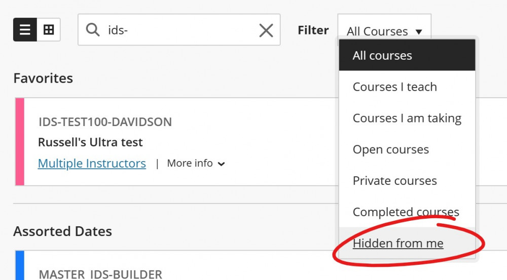 Courses filter with hidden from me selected
