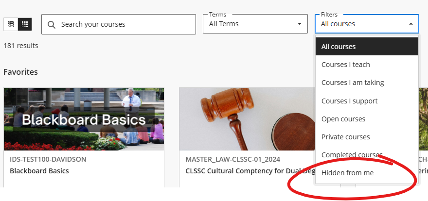 Course Filters box with Hidden From Me circled