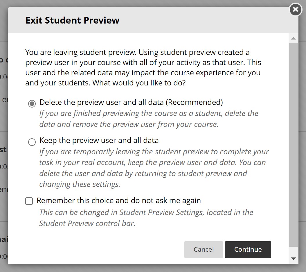 Exit preview options panel