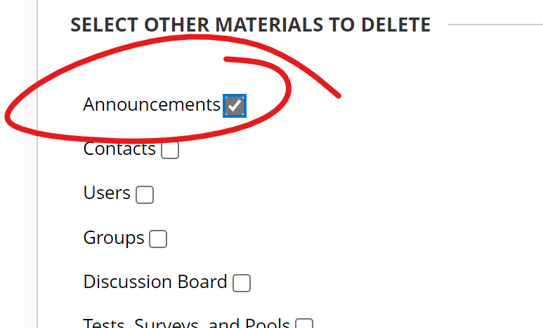 select other materials to delete excerpt, announcements selected and circled