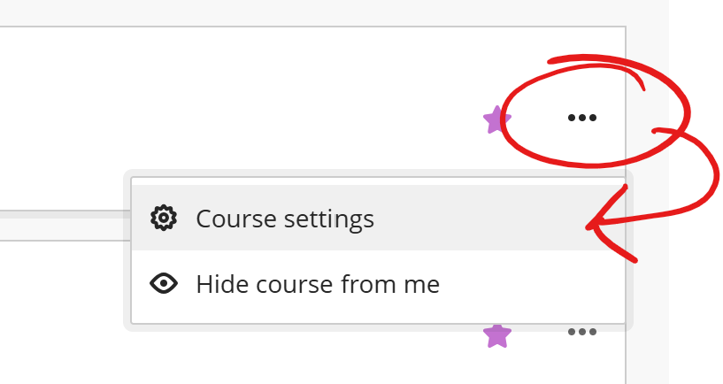 Course MORE button circled, arrow pointing to Course Settings option