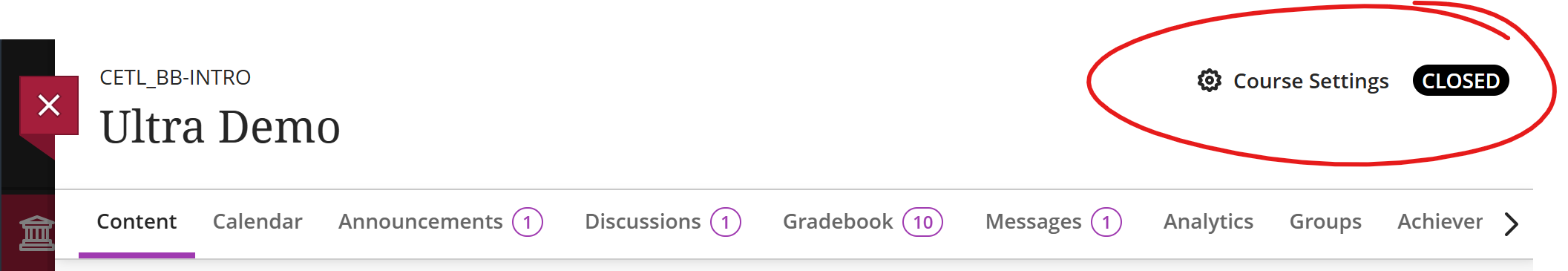 Top of course. COURSE SETTINGS and CLOSED buttons circled.