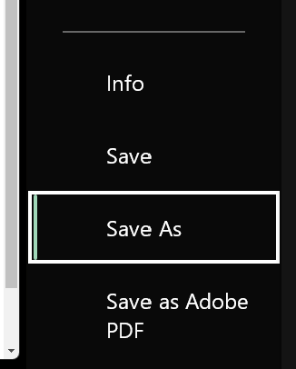 File menu excerpt, save as highlighted