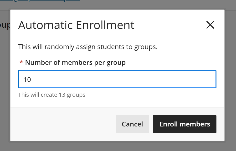 Automatic Enrollment box with 10 entered in the Number of members per group field and a note that this will create 13 groups