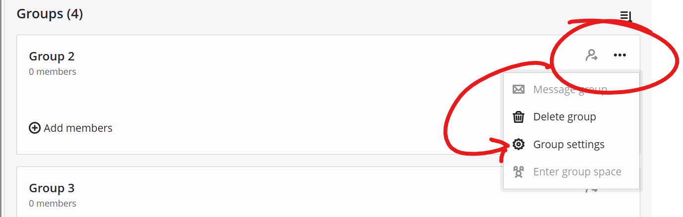 Group 2 box with ",,," button circled. Menu is opened and an arrow points to the group settings option