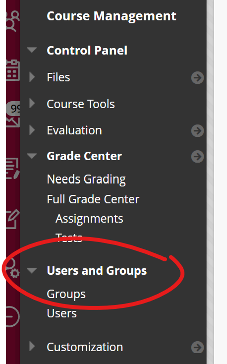 main course menu, users and groups open, groups highlighted