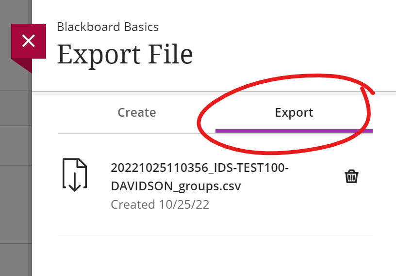 Export from Groups panel, export tab highlighted