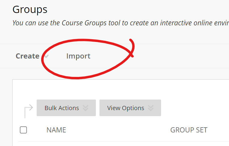 Import button highlighted at the top of the groups page