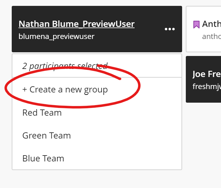 options menu, create new group button circled
