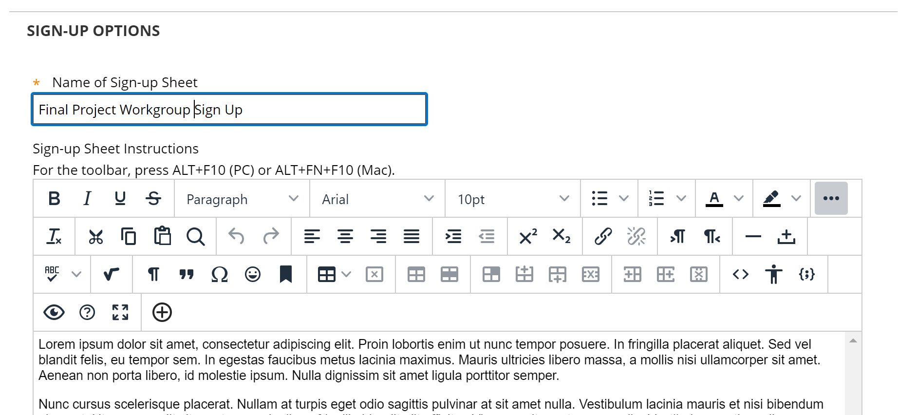 sign-up sheet name and instruction fields with sample info