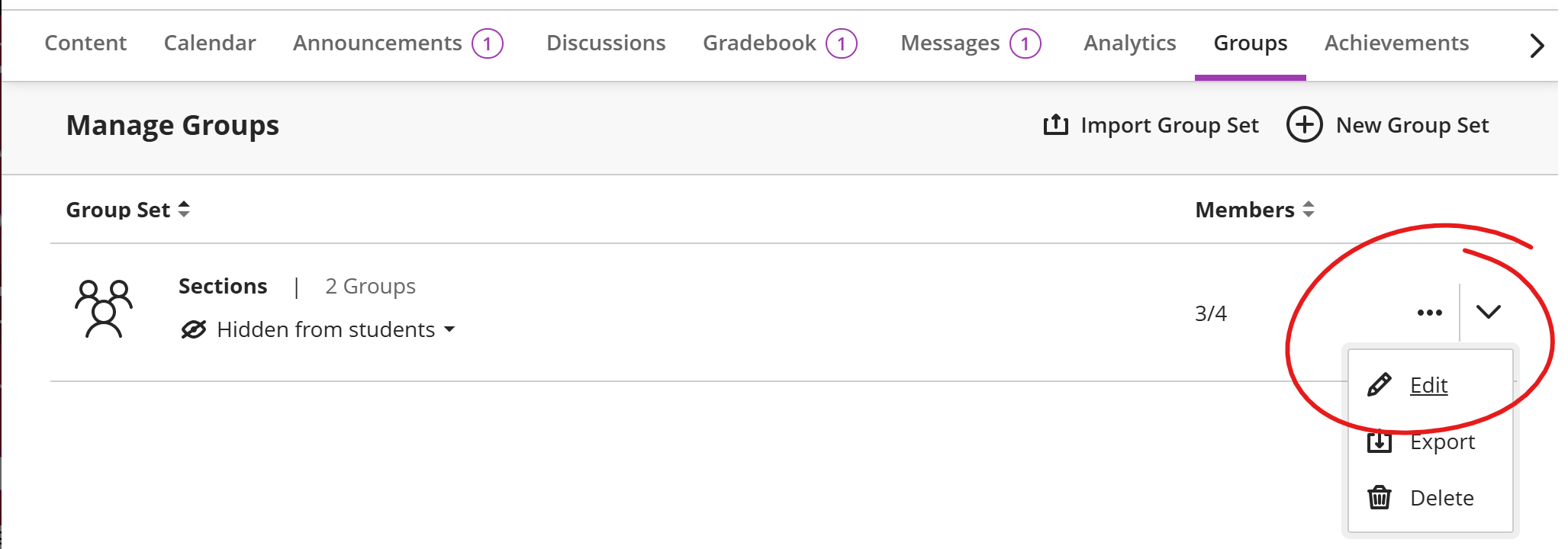 top of groups page, Sections group displayed, more menu opened, with edit circled in red