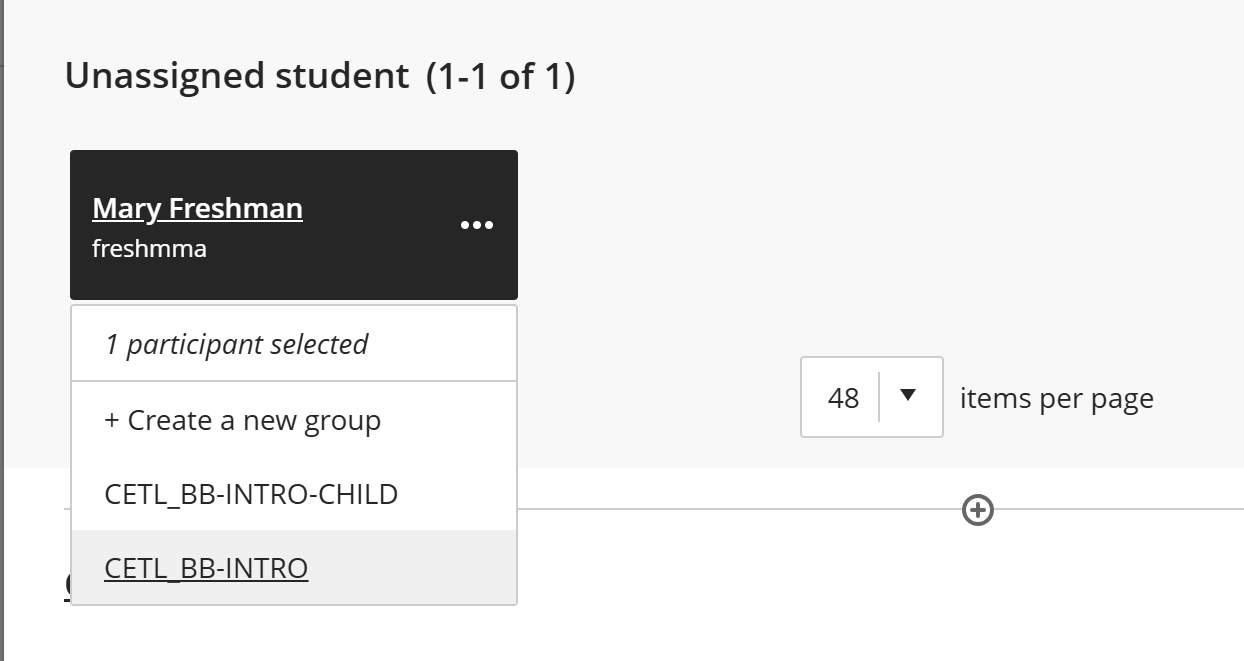 unassigned student box, with a student's assignment menu opened
