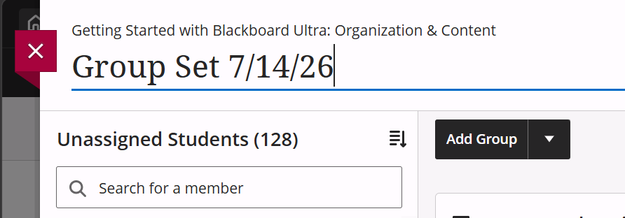 Top left of group set page, default title displayed