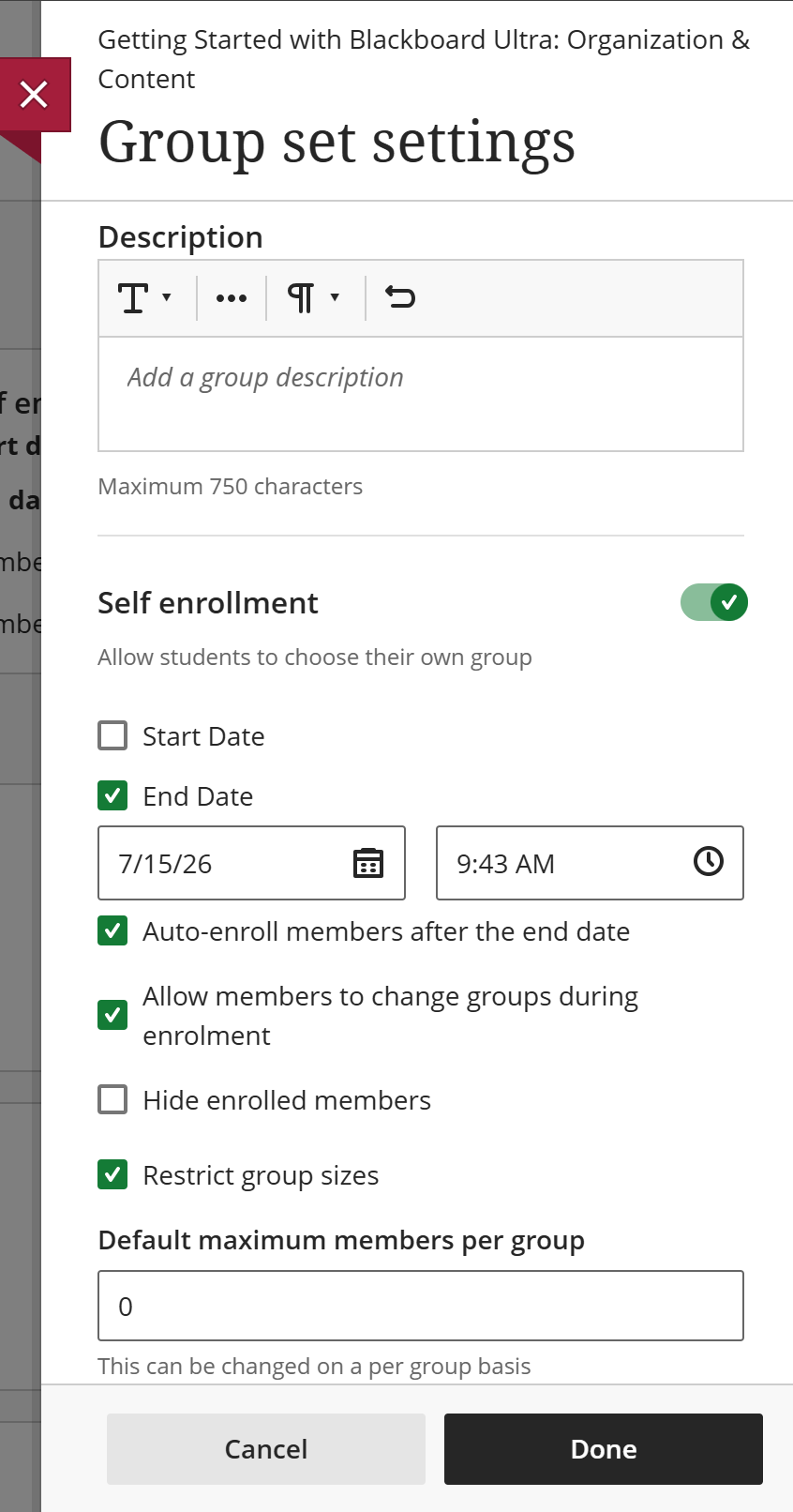 Self-enroll groups side panel, showing the text and check boxes discussed in preceding text