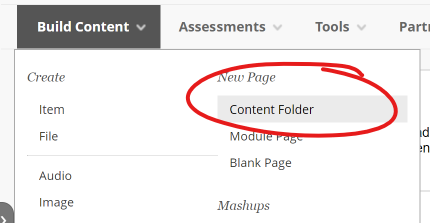 Build Content menu with Content Folder selected