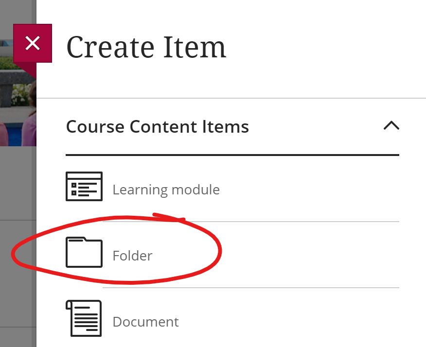 Create Item sidebar, Folder item highlighted