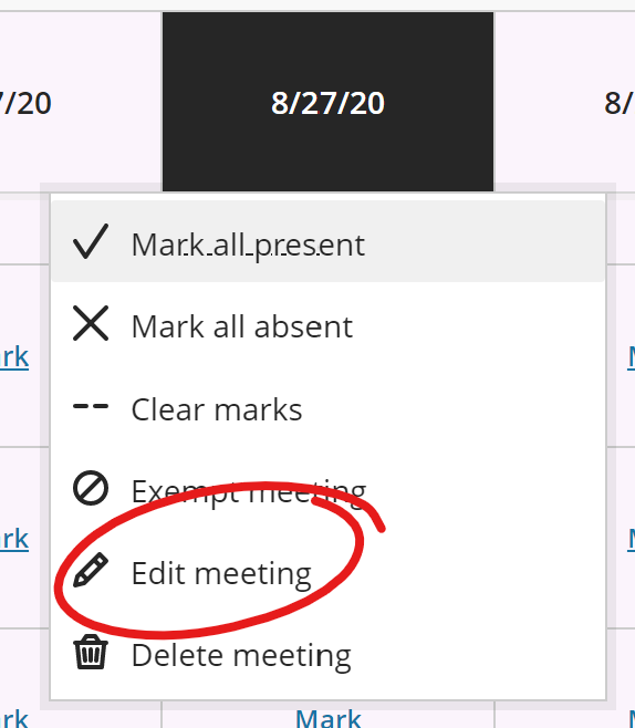 Meeting menu, edit meeting selected