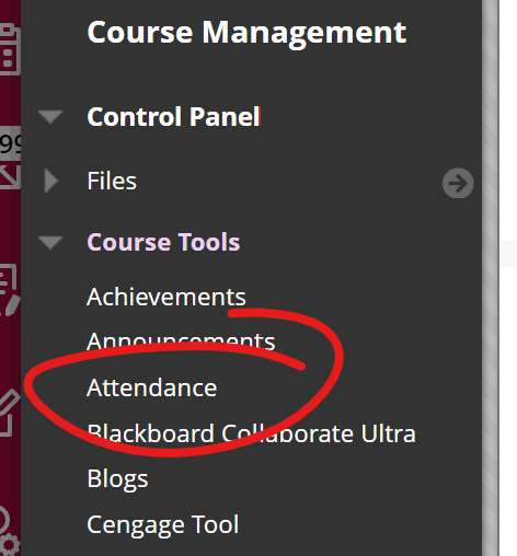 Course Tools heading, attendance highlighted