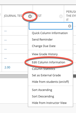 Grade center drop down menu view