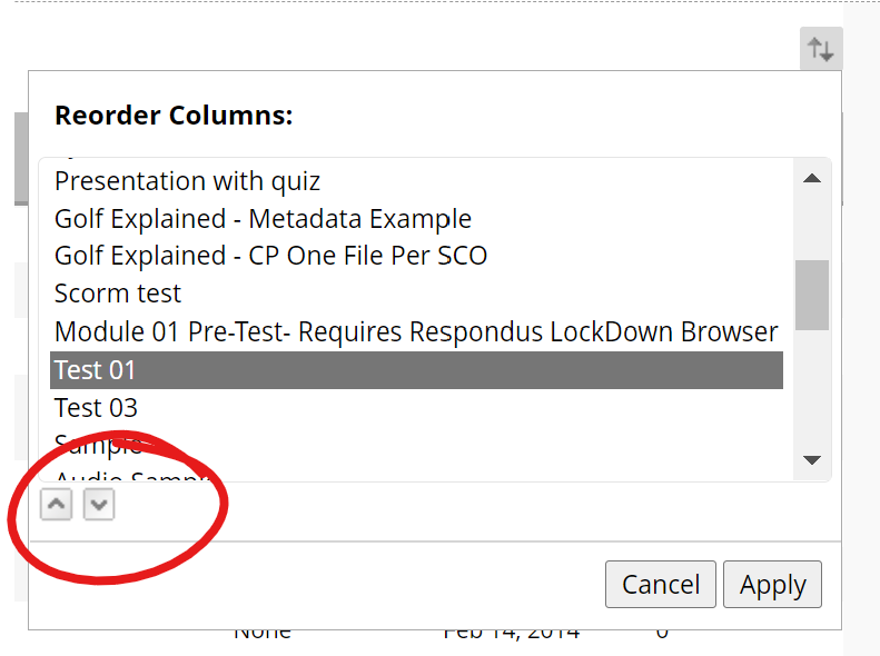 Reorder columns box, up down buttons highlighted