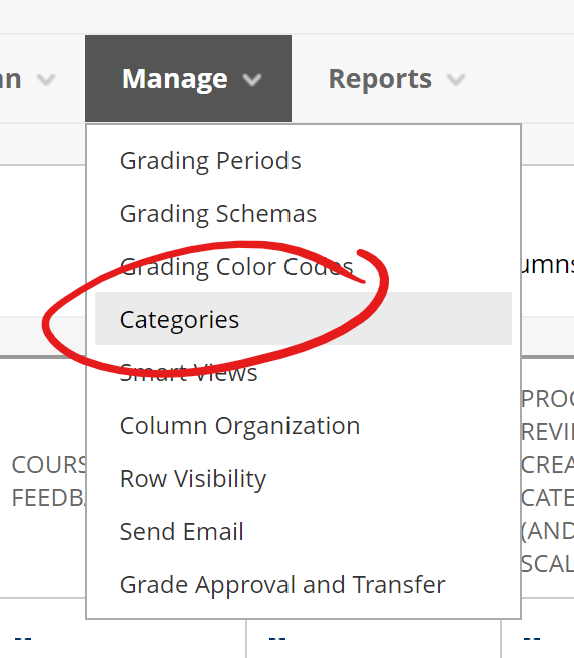 Manage menu opened, categories selection highlighted